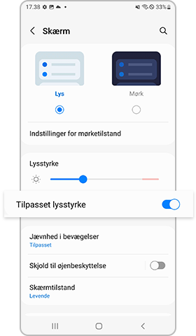 galaxy s22, indstillingen tilpasset lysstyrke