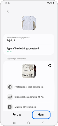 Angiv navnet og typen af tøj, og Gem derefter