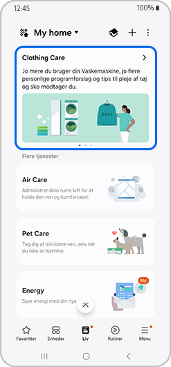 Kortet Tøjpleje i SmartThings-sektionen Liv