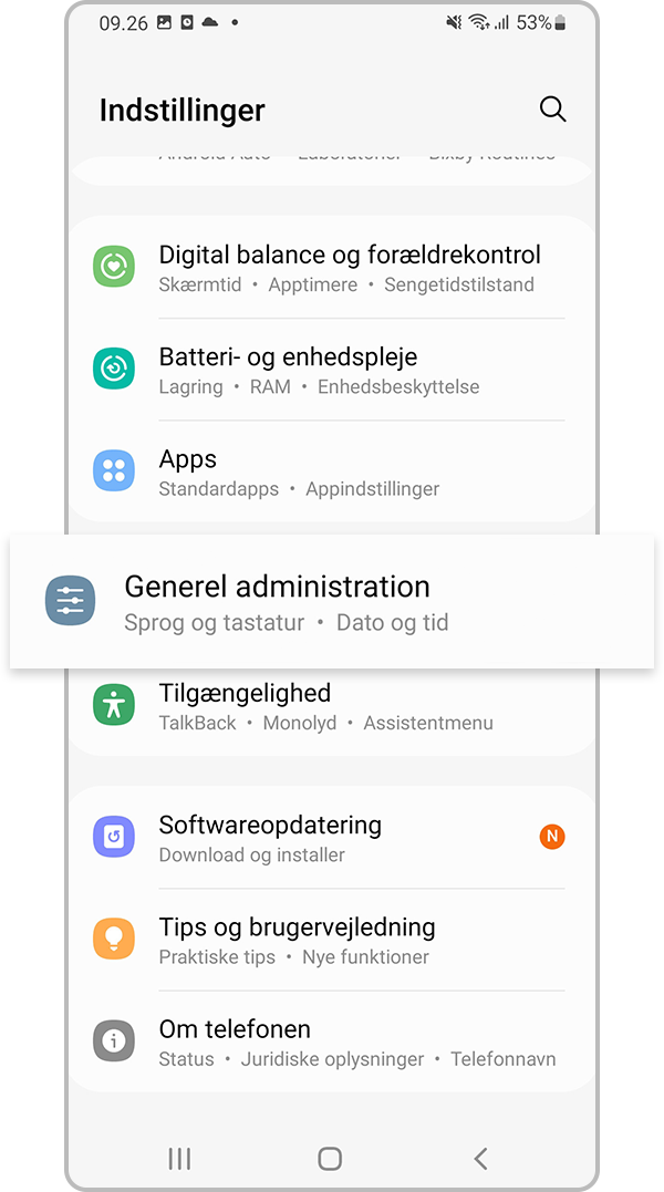 Generel administration i Indstillinger