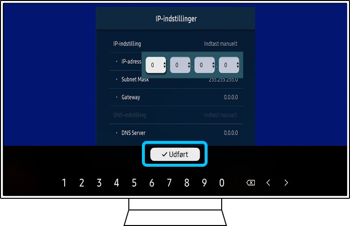 Et Samsung TV viser formularfelterne for IP-indstillinger.