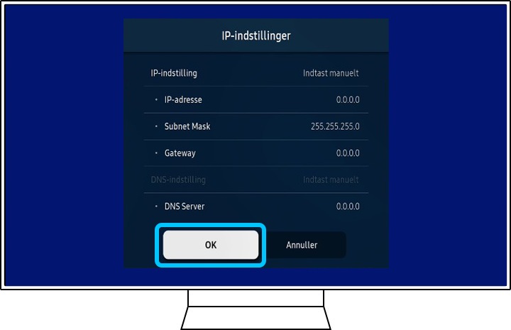 Et Samsung TV viser oplysninger om IP-indstillinger.