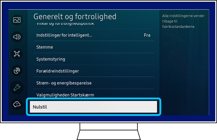 Et Samsung TV viser indstillingerne Generelt og fortrolighed.