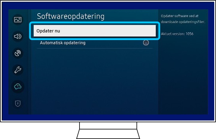 Et Samsung TV viser indstillingen Softwareopdatering.