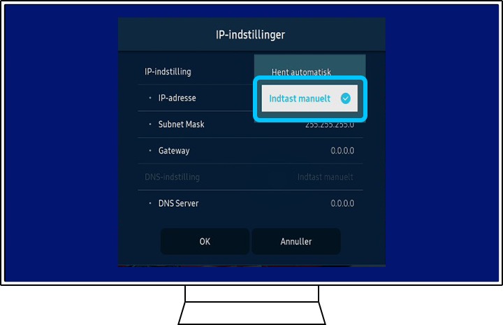 Et Samsung TV viser lokalmenuen IP-indstillinger.