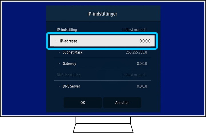 Et Samsung TV viser oplysninger om IP-indstillinger.