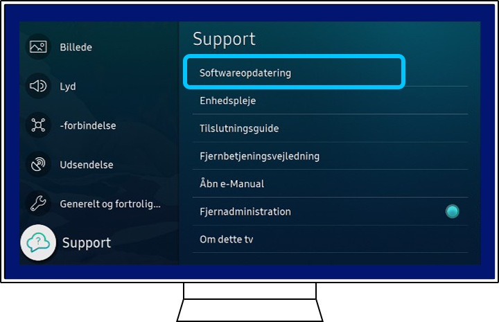 Et Samsung TV viser indstillingen Support.