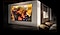 MIKRO-LED-TV'et er monteret på en blank væg i et rum for at vise dets størrelse og funktionen Art Store. På skærmen ses forskellige farver som hvid, gul, blå og orange, som blandes til et smukt design.
