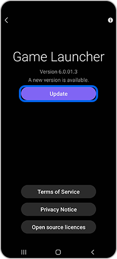 View of the step 3. Screen of the “About Game Launcher” with a tap on the “Update” option. On this screen you can update you version or know which version you already have.