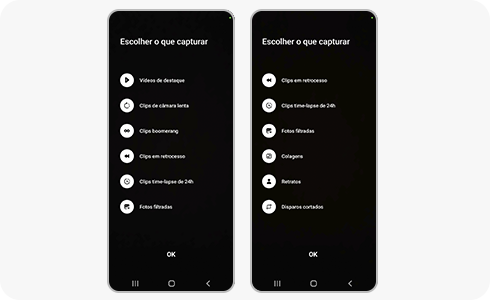 Ecrã do menu de definições da Captação Única.