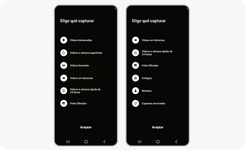 Pantalla de menú de configuración de Single Take.