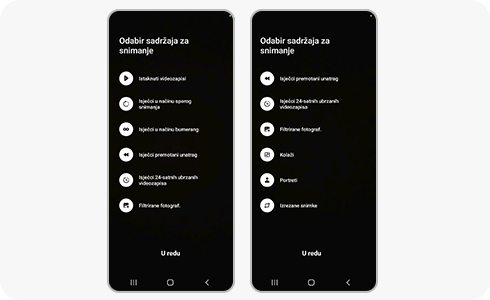 Zaslon izbornika s postavkama funkcije Single Take.