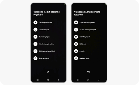 A Single Take beállítási menüjének képernyője.
