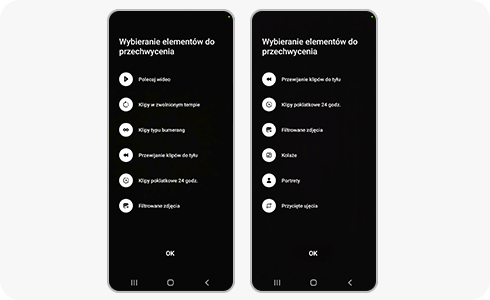 Ekran menu ustawień Jednego ujęcia.