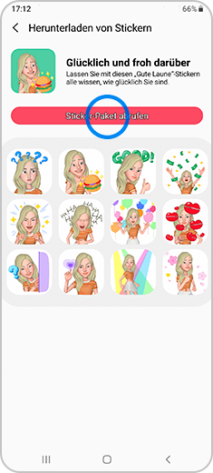 Stap 3. Menu "Download stickers" met voorbeeldstickers en een downloadknop gehighlight.
