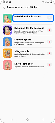 Stap 4. Menu "Download stickers" met een downloadbalkje.