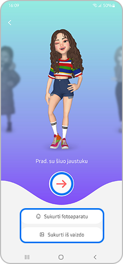 2 veiksmas. Kūrimo meniu, kuriame paryškinta tęsimo rodyklė ir kūrimo fotoaparatu arba iš vaizdo parinktys.