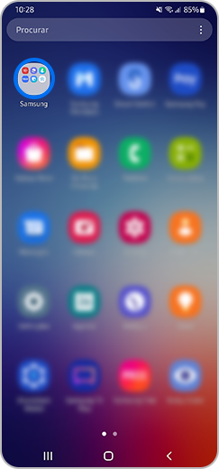 1.º passo. Pasta Samsung destacada no menu principal do smartphone.