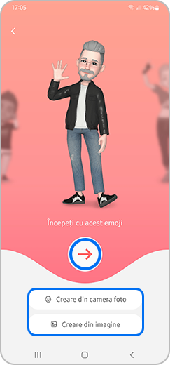 Pasul 2. Meniul de creație cu o săgeată pentru a continua și opțiunile de a crea din camera foto sau dintr-o imagine evidențiate.