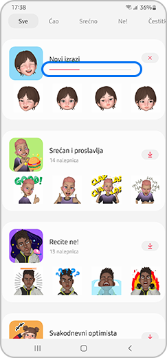 Korak 3. Prikazuje se meni za preuzimanje nalepnica sa trakom koja pokazuje da je preuzimanje u toku.