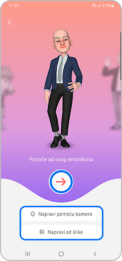 Korak 2. Meni za kreiranje sa strelicom za nastavak i opcijama za kreiranje sa kamere ili iz slike je istaknut.