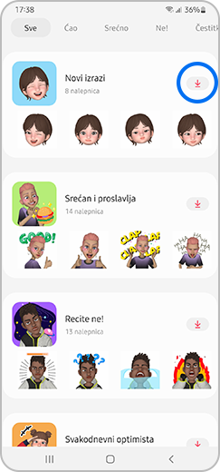 Korak 2. Meni za preuzimanje nalepnica sa istaknutim dugmetom za preuzimanje.