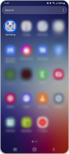 Step 1. Samsung folder is highlighted in the main menu of the smartphone.