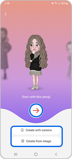 Step 2. The creation menu with an arrow to continue and options to create with camera or from image is highlighted.