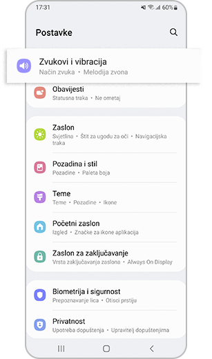 Korak 1. Zaslon s postavkama. Odaberite mogućnost „Zvukovi i vibracija”.