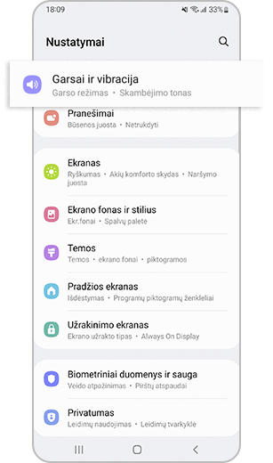 1 veiksmas. Nustatymų rodinys. Pasirinkite parinktį „Garsai ir vibracija“.