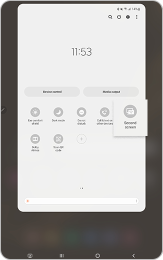 View of the second panel of the quick settings panel with a tap on the “Second Screen” icon.