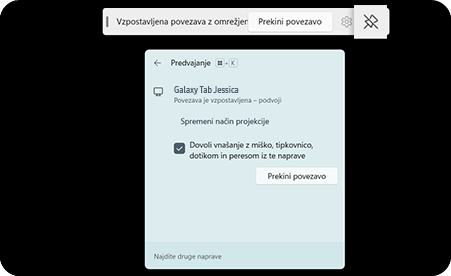 Zaslon vašega tabličnega računalnika, ko je povezan z drugo napravo. Na tem zaslonu se bo prikazala orodna vrstica z ikono risalnega žebljička.