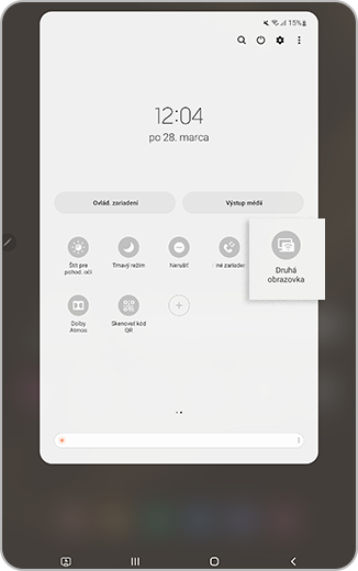 Zobrazenie druhého panelu rýchlych nastavení s ťuknutím na ikonu „druhá obrazovka“.