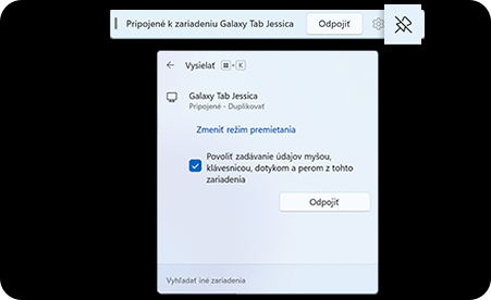 Obrazovka vášho tabletu po pripojení k inému zariadeniu. Na tejto obrazovke sa zobrazí panel úloh po ťuknutí na ikonu pripínačika.