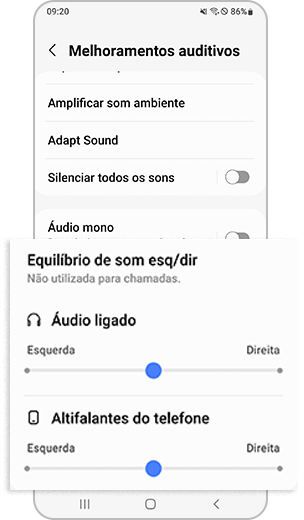 Passo 3. Ajuste a barra de "Equilíbrio de som esq/dir" com duas opções: "Áudio ligado" e "Altifalantes do telemóvel".