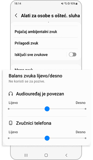 Korak 3. Podesite traku „Balans zvuka lijevo/desno“ u dvije opcije: „Audiouređaj je povezan“ i „Zvučnici telefona“.