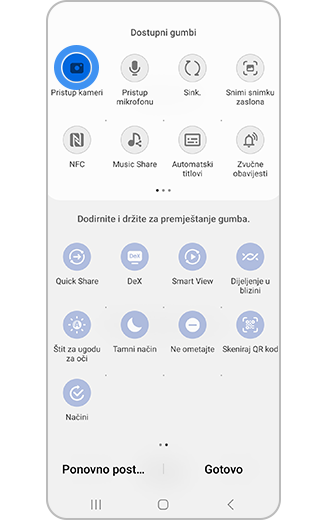 Prikaz panela za brzi pristup s istaknutim dostupnim gumbom.