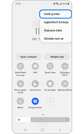 Prikaz panela za brzi pristup s istaknutom opcijom za uređivanje gumba.