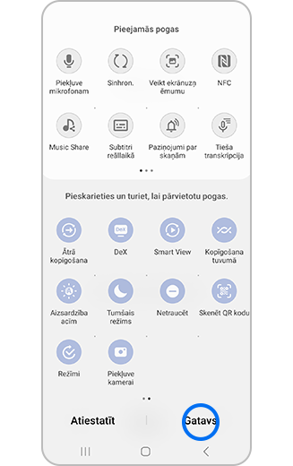 Ātrās piekļuves paneļa skats, kurā iezīmēta poga ”Gatavs”.