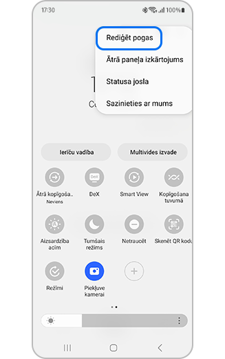 Ātrās piekļuves paneļa skats, kurā iezīmēta pogu rediģēšanas opcija.