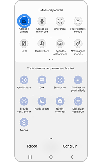 Vista do painel de acesso rápido com um botão disponível realçado.