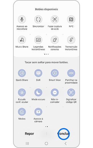 Vista do painel de acesso rápido com Concluir realçado.