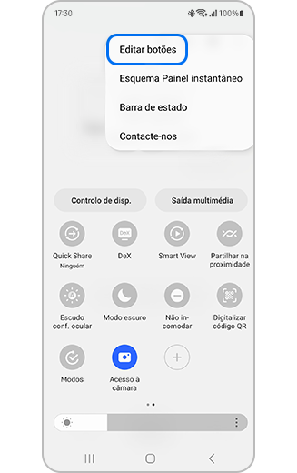 Vista do painel de acesso rápido com os botões de edição realçados.