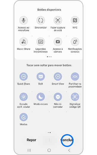 Vista do painel de acesso rápido com Concluir realçado.