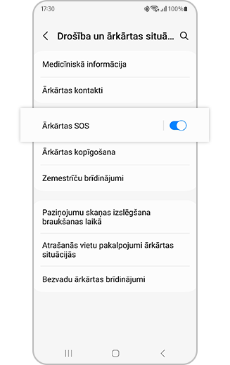 Skats uz ārkārtas SOS iestatījumiem.