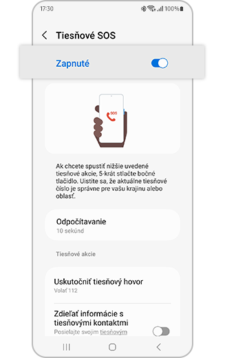 Zobrazenie prepínača Tiesňové SOS.