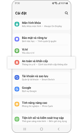Hình ảnh mục An toàn và khẩn cấp bên trong cài đặt.