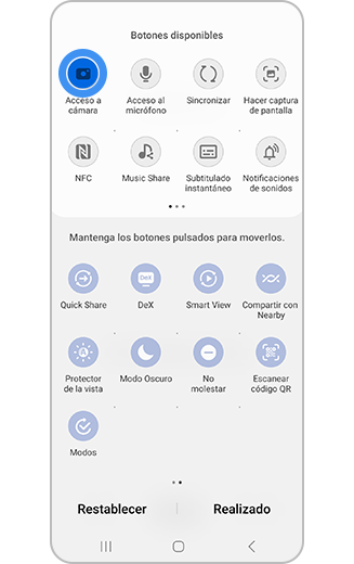 Imagen del panel de acceso rápido con un botón disponible destacado.