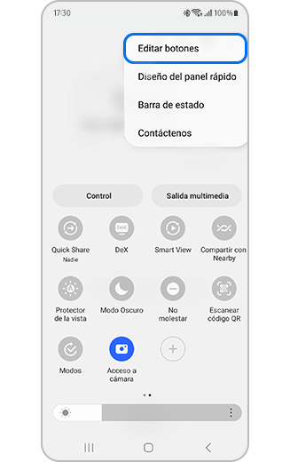 Imagen del panel de acceso rápido con la opción Editar botones destacada.