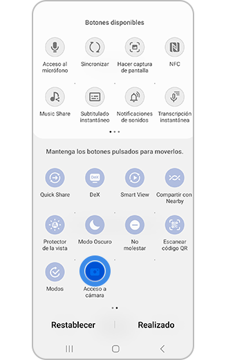 Imagen del panel de acceso rápido con un botón en proceso de ser arrastrado hacia arriba.